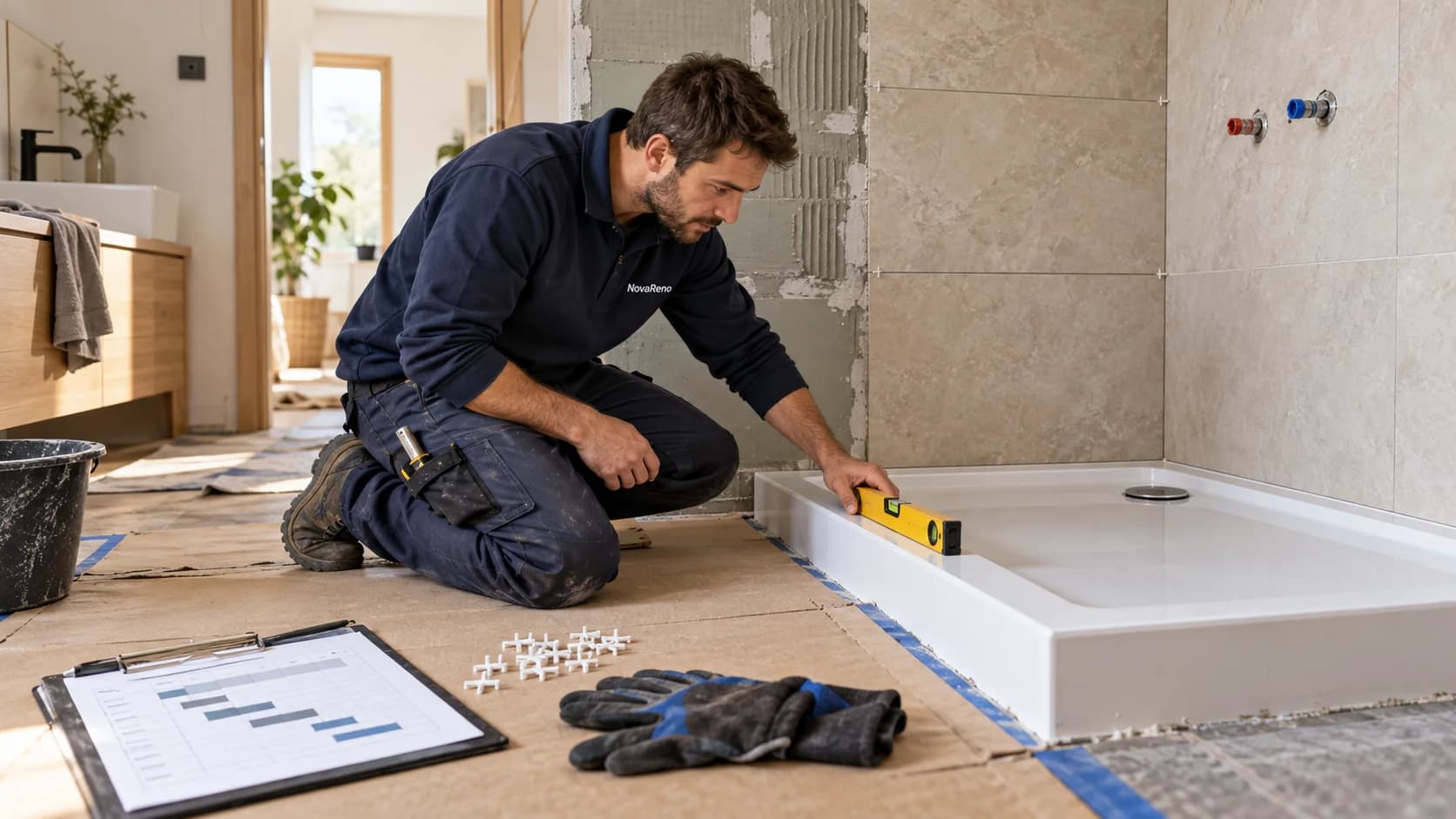 Illustration d’un professionnel contrôlant un receveur de douche au niveau, avec un planning de travaux