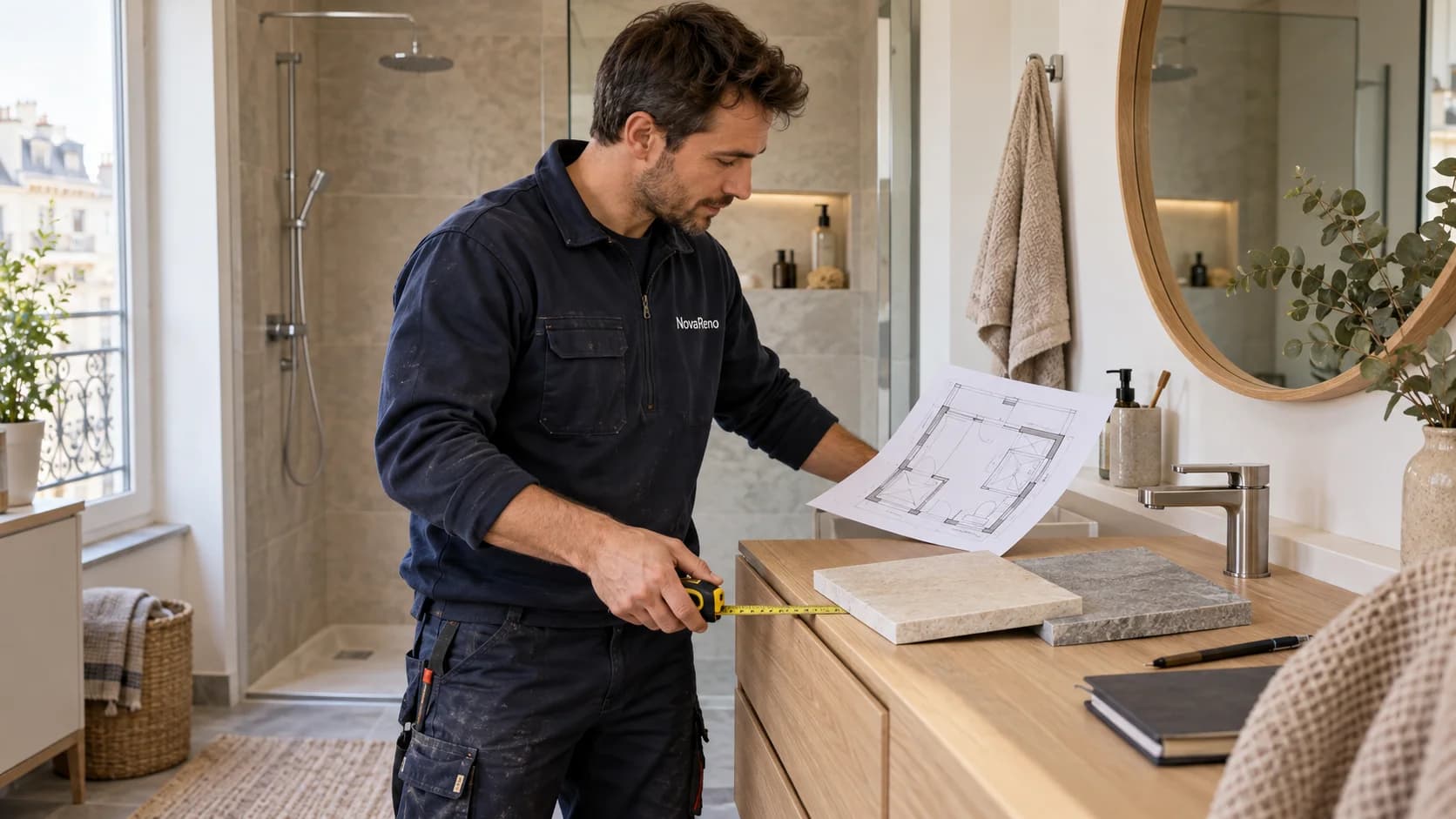 Professionnel en tenue NovaReno prenant des mesures avec un plan de salle de bain