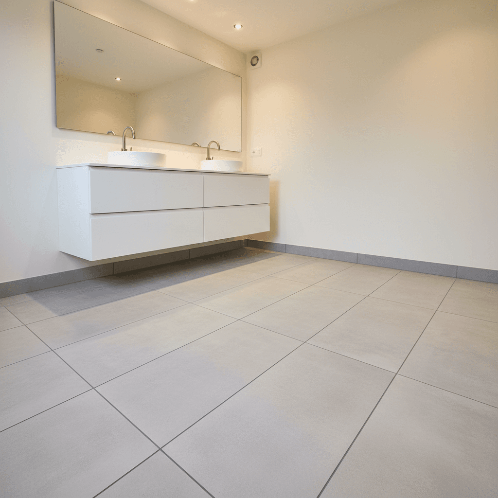 Grands carreaux gris au sol, lignes de joints visibles et plinthe assortie