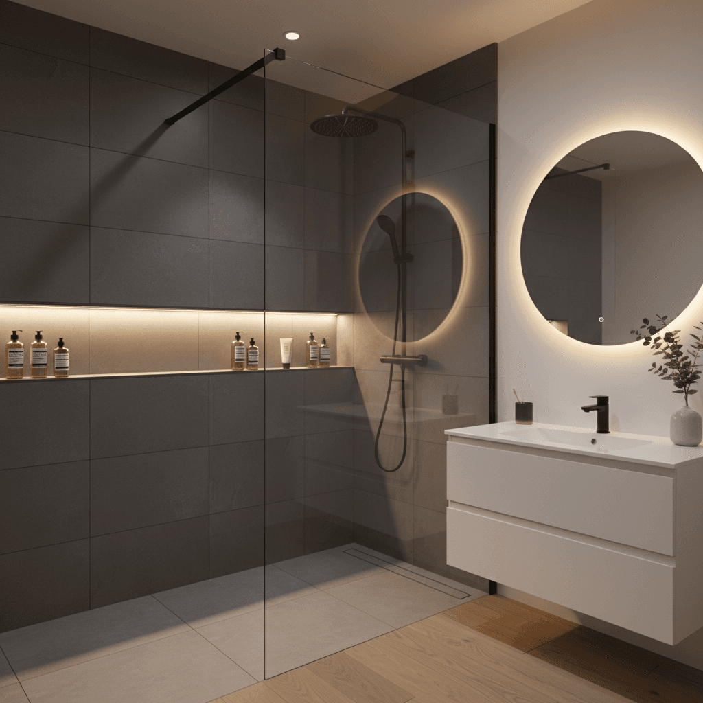 Douche vitrée avec rangement encastré dans le mur et robinetterie à droite