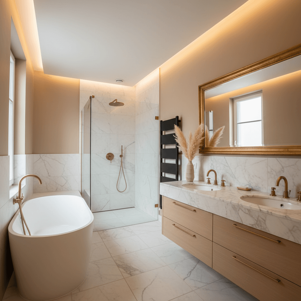 Inspiration d’aménagement : douche, meuble vasque et finitions de salle de bain